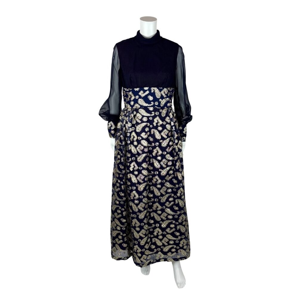 Vintage 70s Metallic Dress Women's Small Blue Purple Silver Paisley Motif Maxi